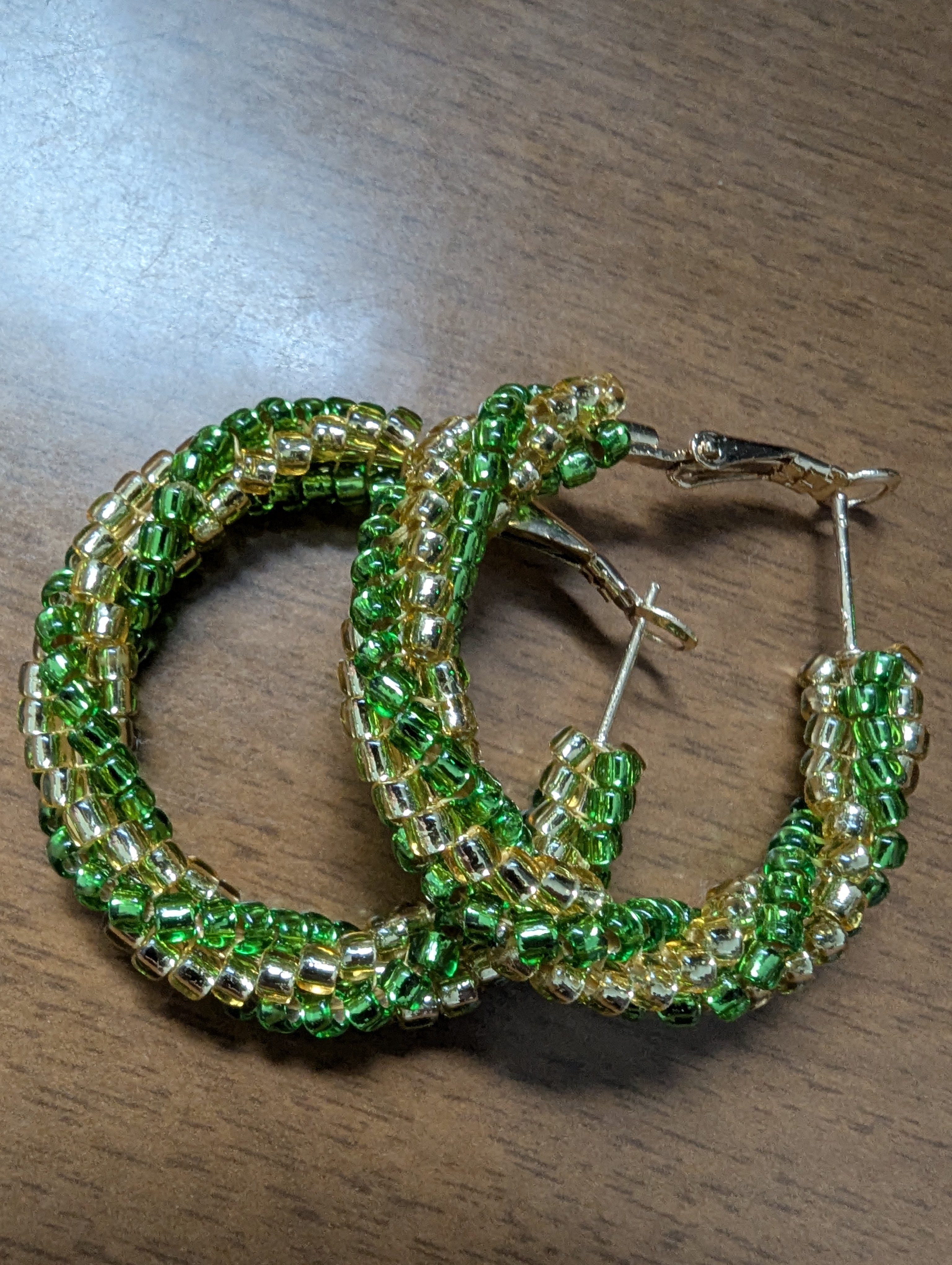 Green and Gold twisted Hoop Earrings